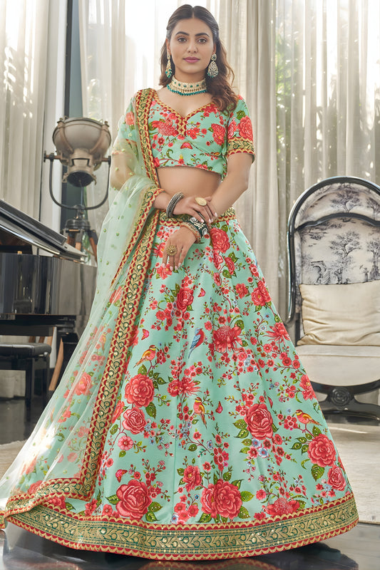 Beautiful Mint Green Art Silk Digital Print Wedding Wear Lehenga Choli with Dupatta for Women