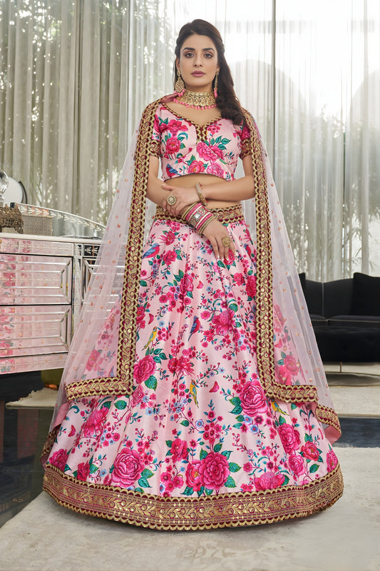 Lovely Baby Pink Art Silk Digital Print Wedding Wear Lehenga Choli with Dupatta for Women