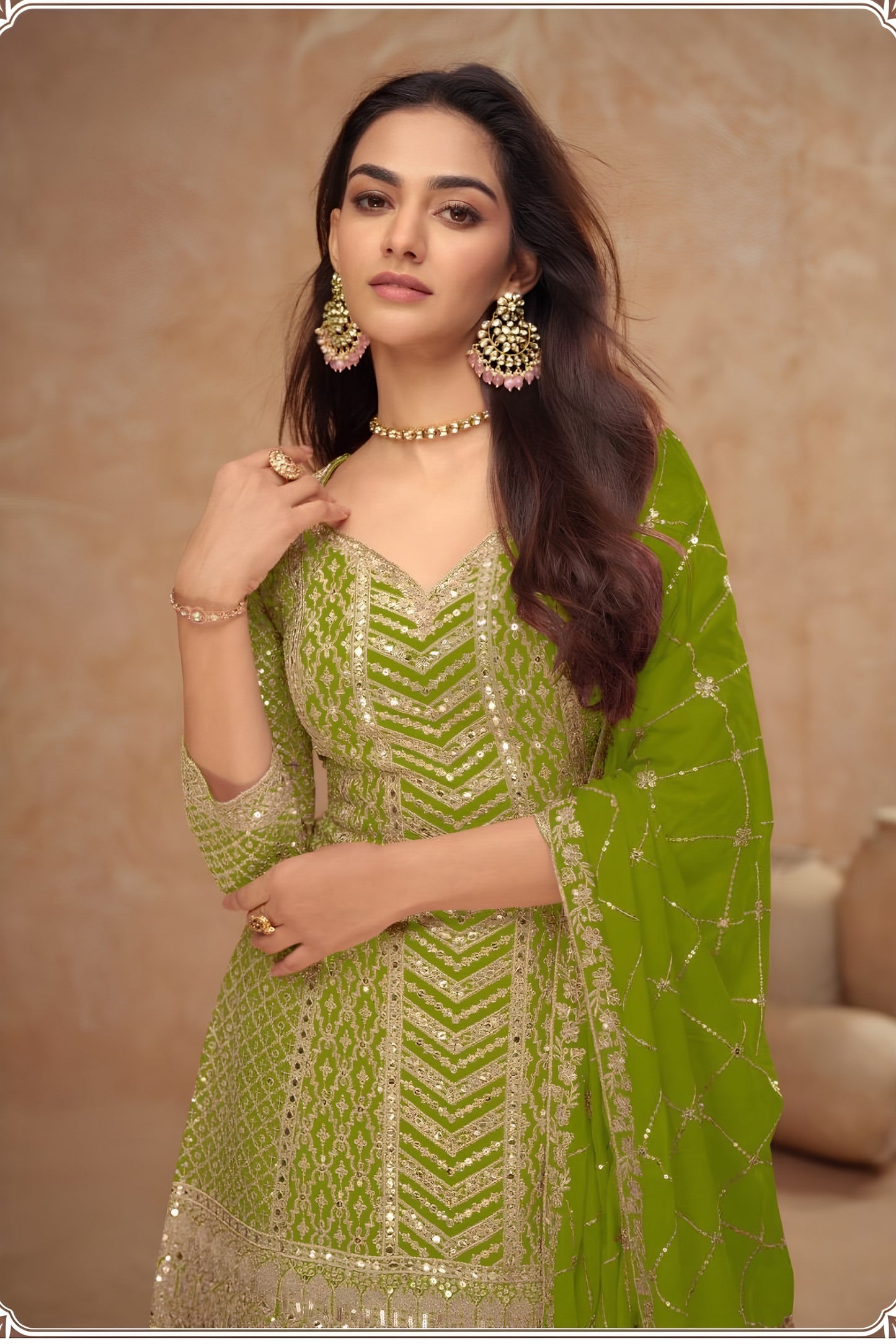 Elegant Mehendi Green Embroidered Chinon Party Wear Palazzo Suit with Dupatta