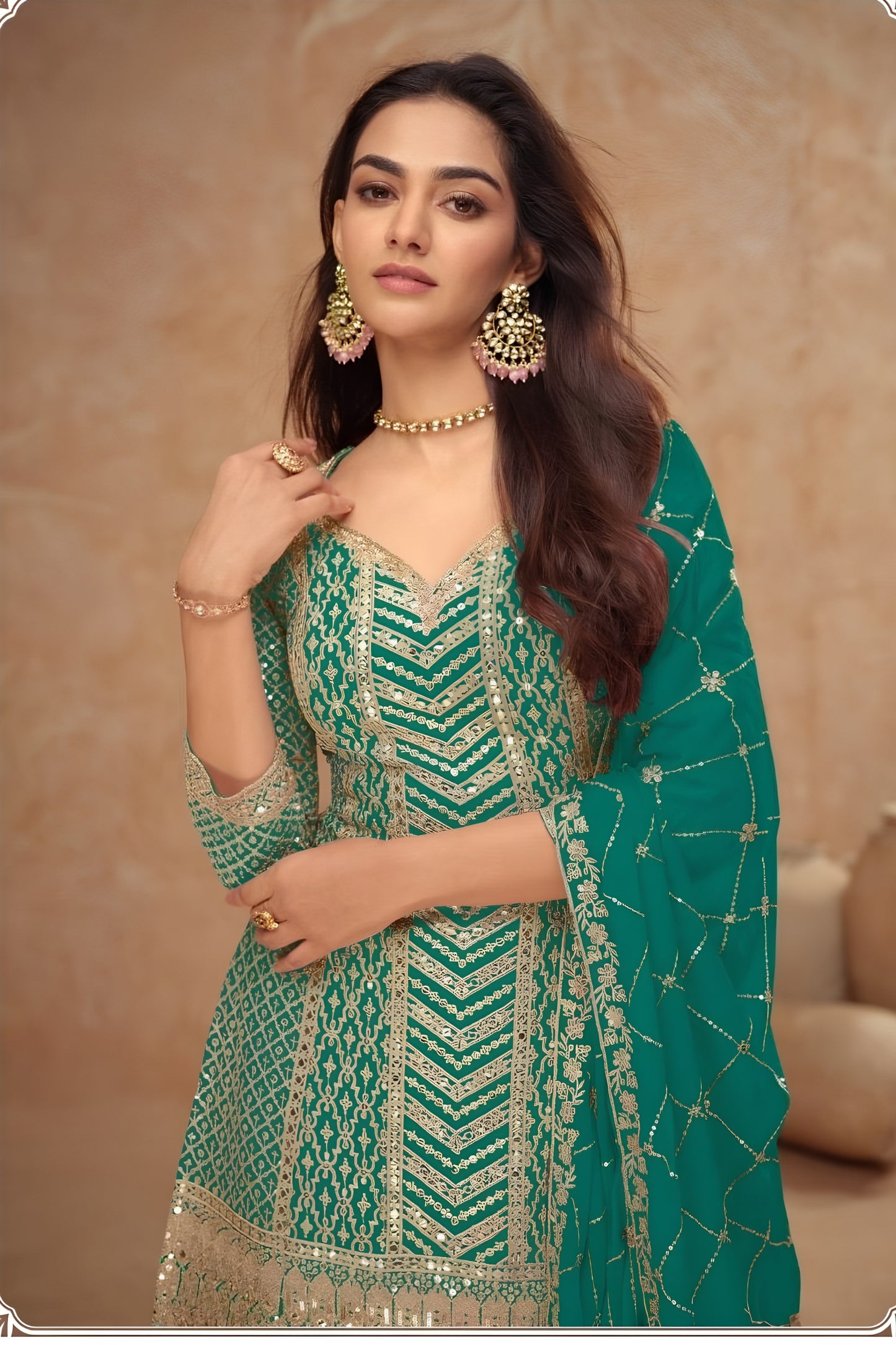 Graceful Teal Green Embroidered Chinon Party Wear Palazzo Suit with Dupatta