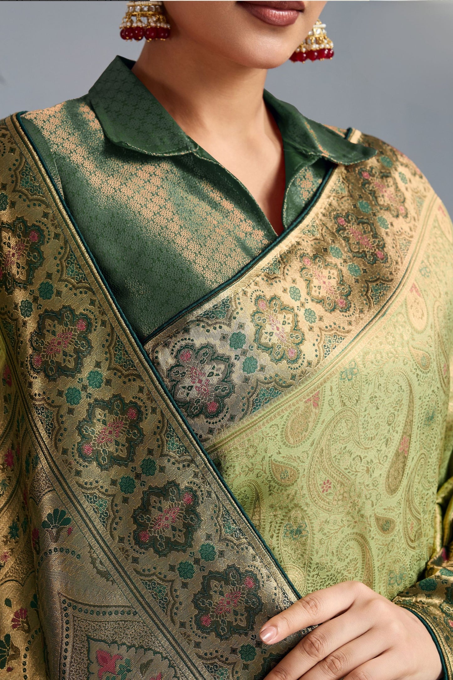 Banarasi Silk Saree in Olive Green with Golden Zari Weaving and Designer Blouse