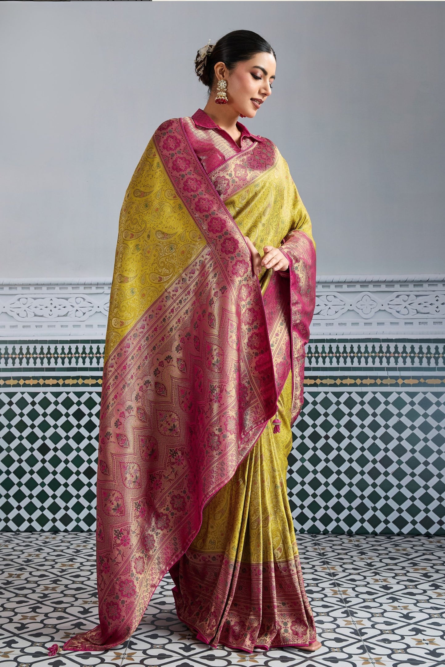 Traditional Banarasi Silk Saree in Mustard Yellow Border Designer Blouse
