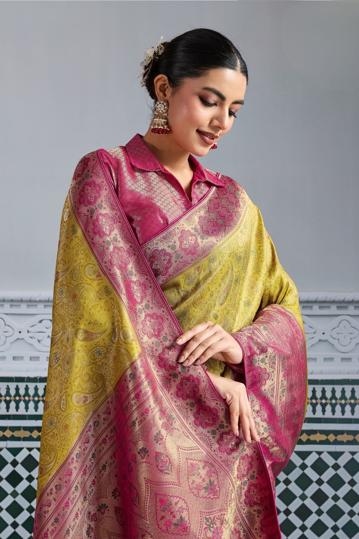 Traditional Banarasi Silk Saree in Mustard Yellow Border Designer Blouse