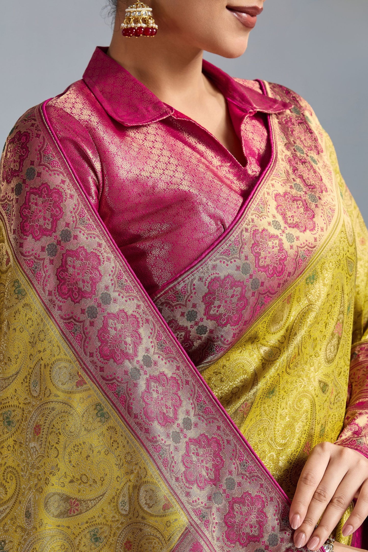 Traditional Banarasi Silk Saree in Mustard Yellow Border Designer Blouse