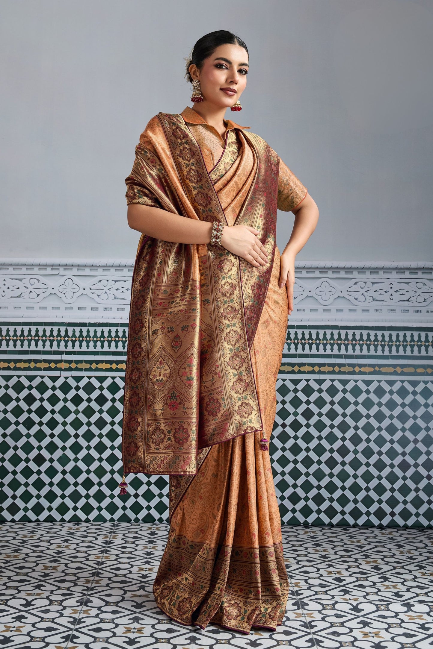 Designer Banarasi Silk Saree in Copper Orange Matching Blouse
