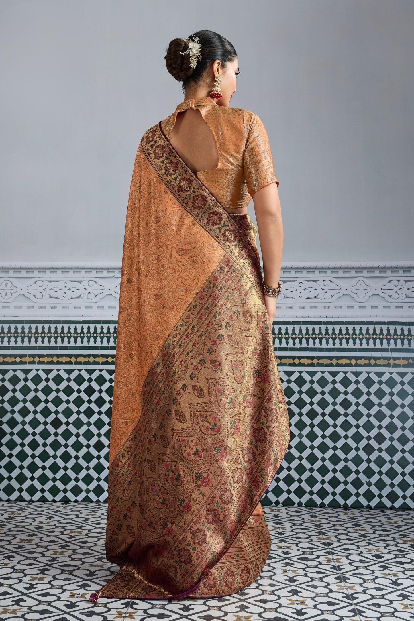Designer Banarasi Silk Saree in Copper Orange Matching Blouse