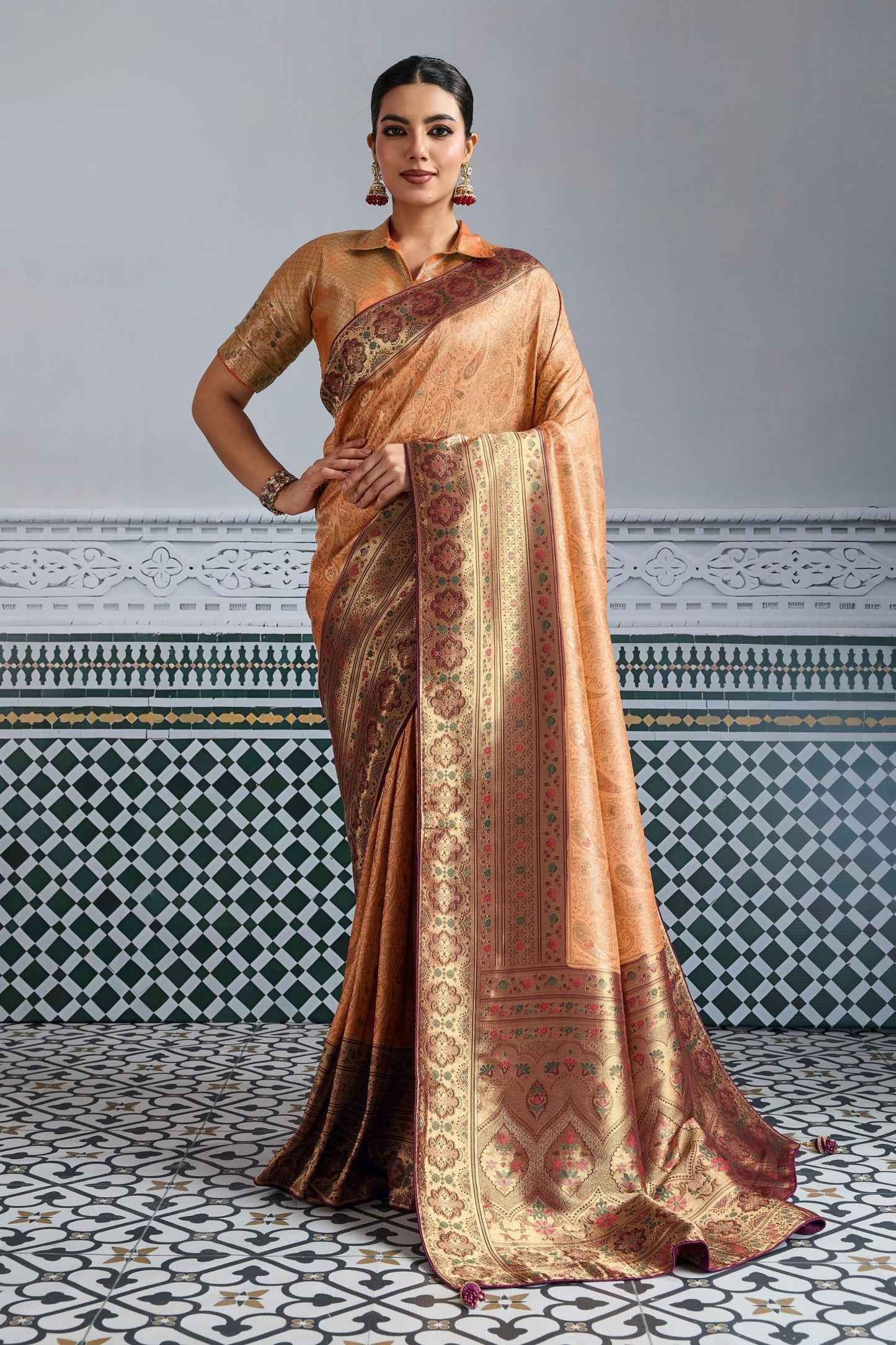 Designer Banarasi Silk Saree in Copper Orange Matching Blouse