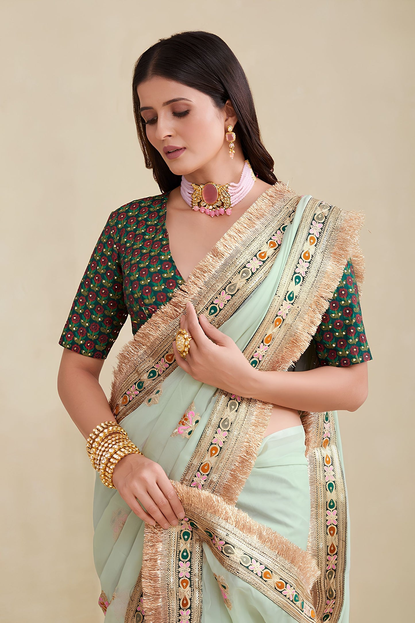 Elegant Mint Green Premium Georgette Saree Embroidery Border for Women