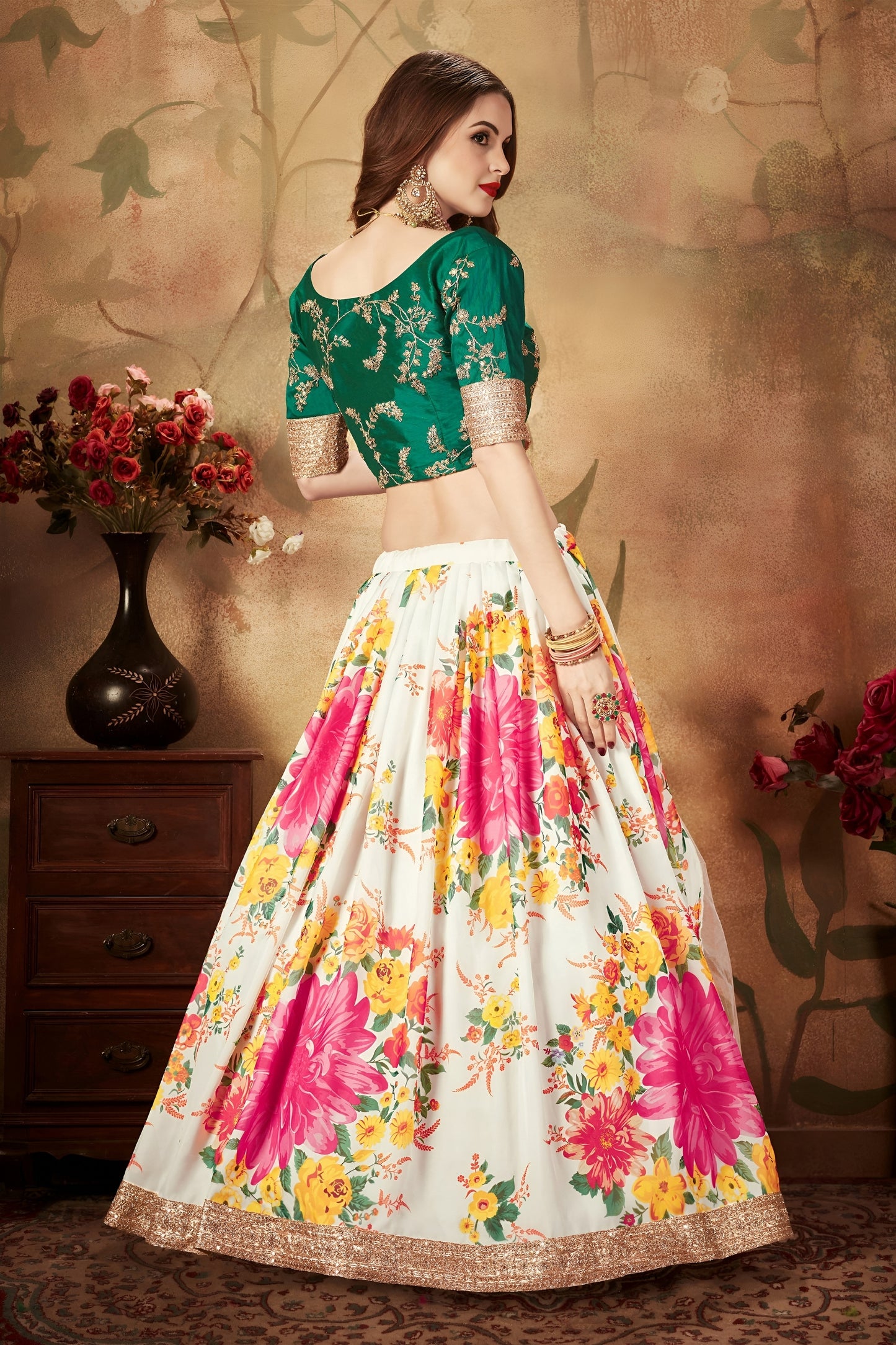 Stunning Green Embroidered Silk Blouse with White Floral Printed Organza Lehenga Choli