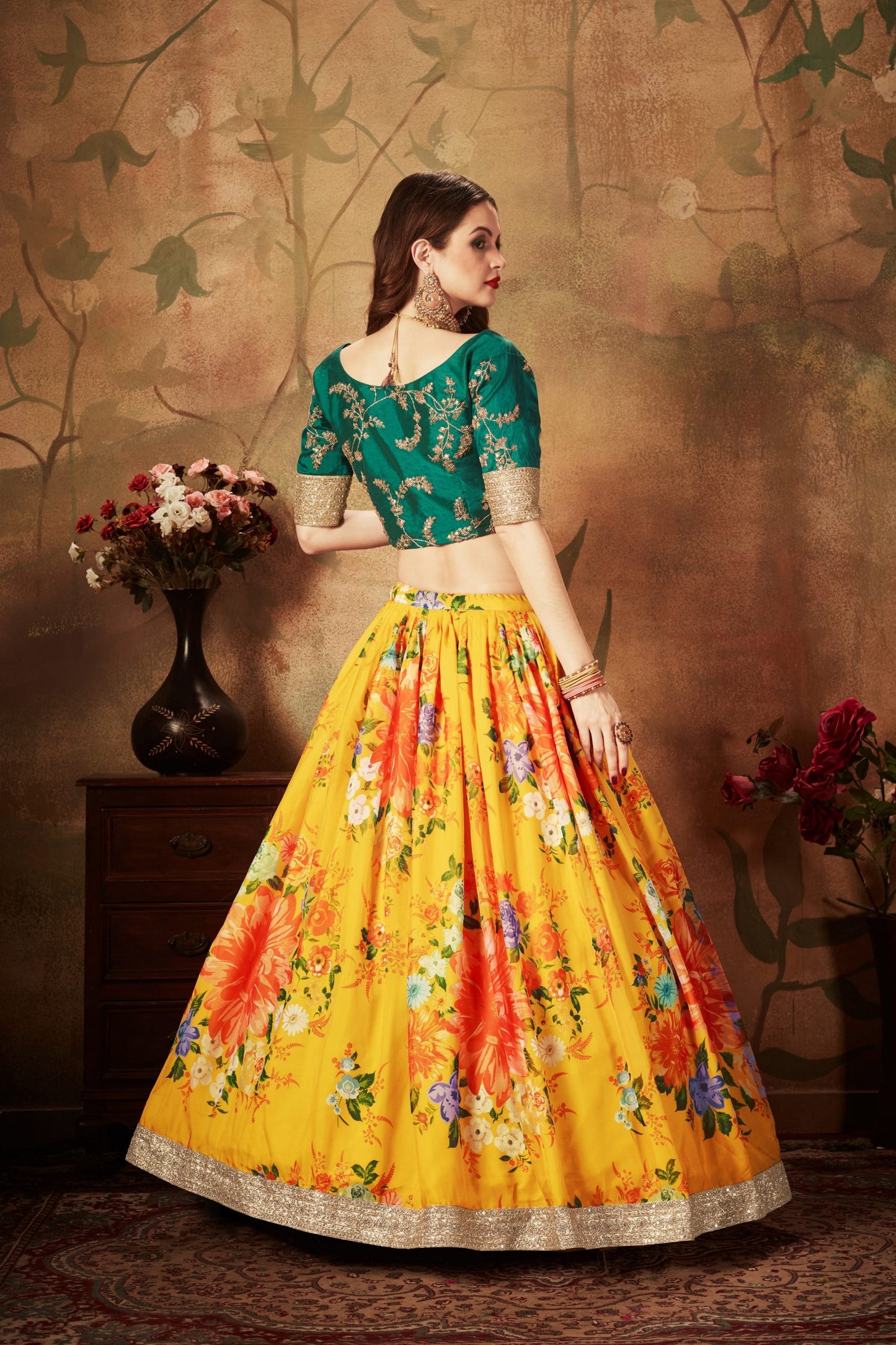 Luxurious Green Embroidered Silk Blouse with Yellow Floral Printed Organza Lehenga Choli