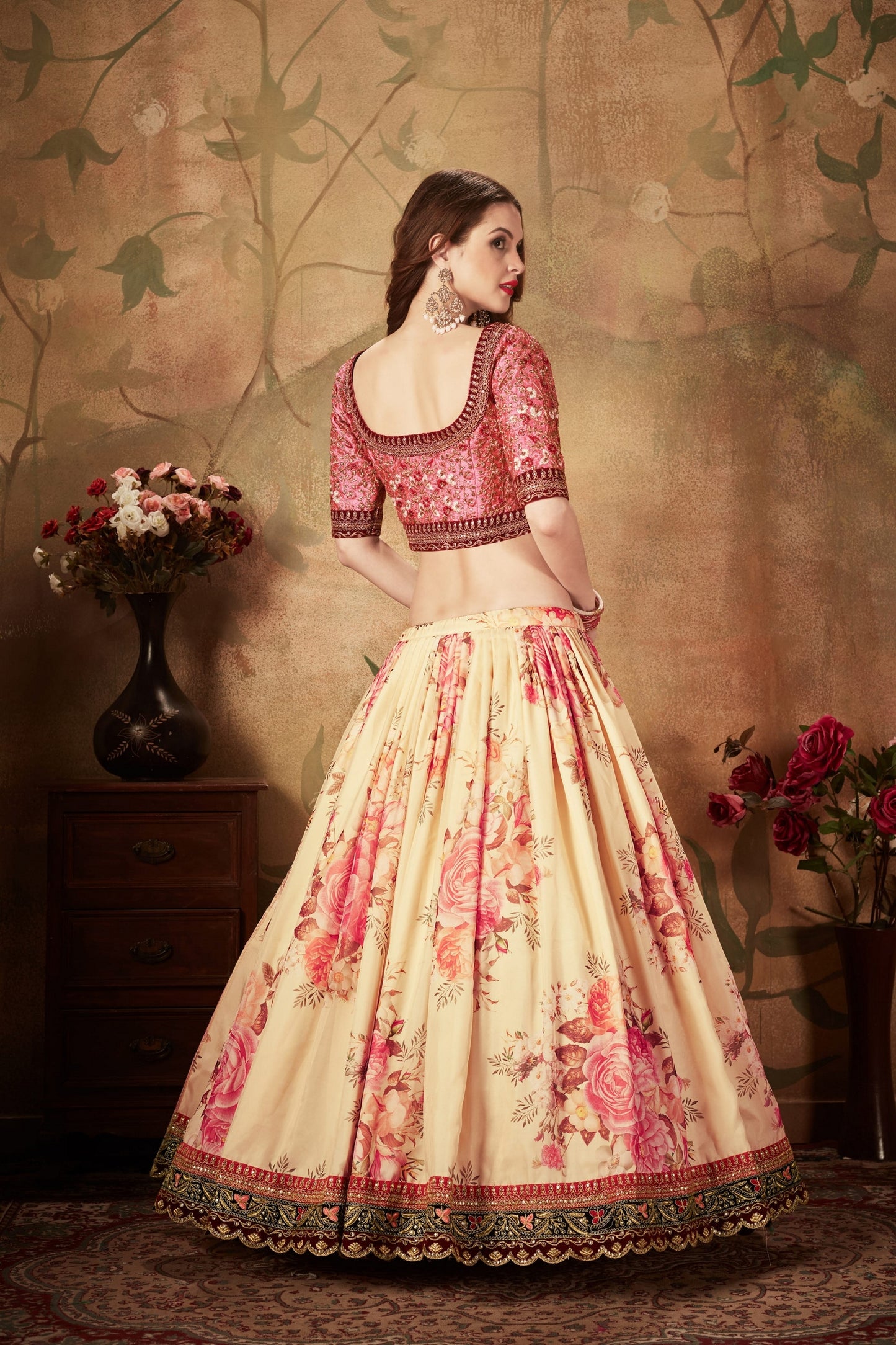 Delicate Peach Embroidered Silk Blouse with Cream Floral Printed Organza Lehenga Choli