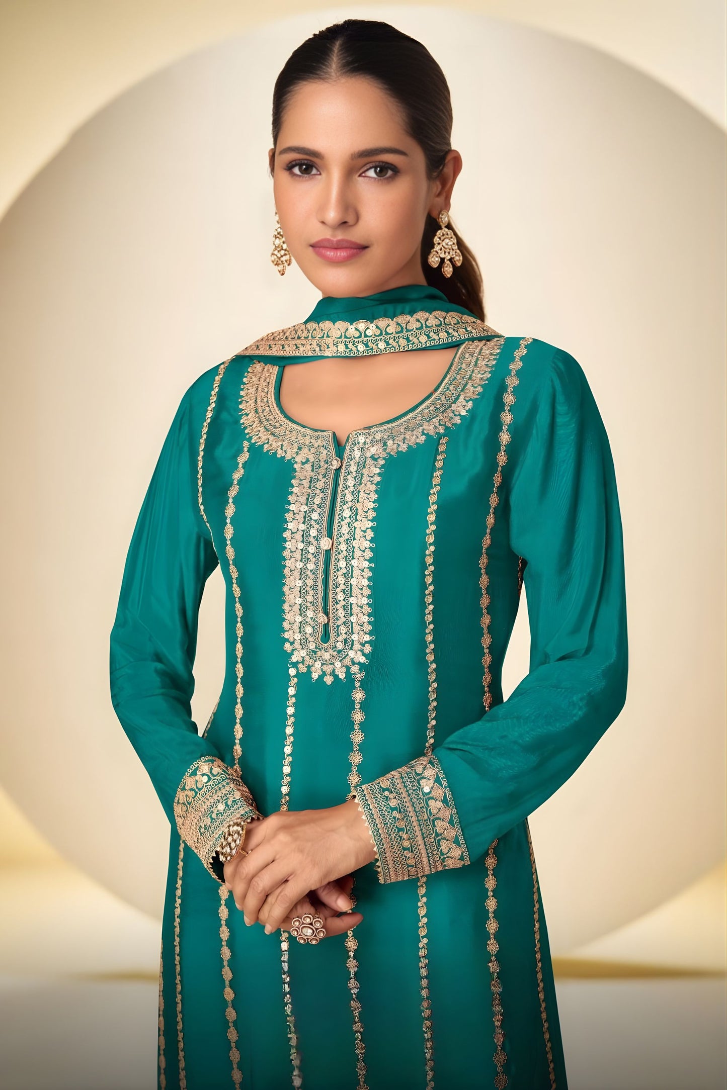 Luxury Teal Blue Chinon Embroidery Work Palazzo Suit With Dupatta