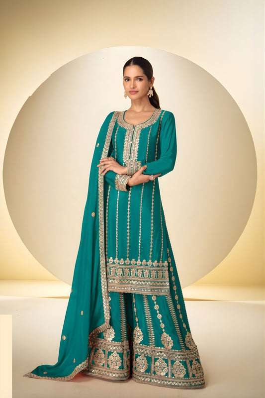 Luxury Teal Blue Chinon Embroidery Work Palazzo Suit With Dupatta
