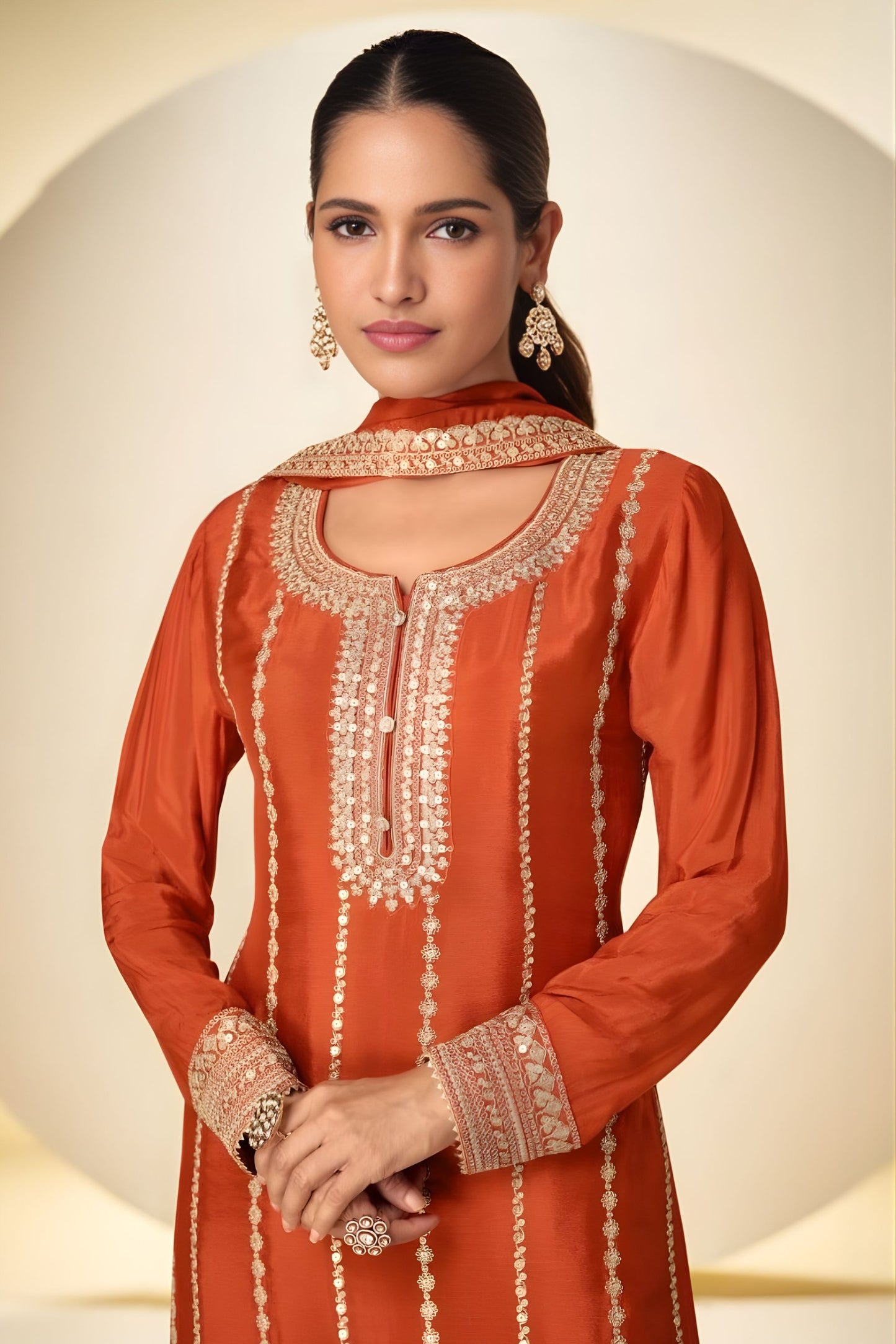 Premium Rust Orange Real Chinon Embroidery Work Palazzo Suit