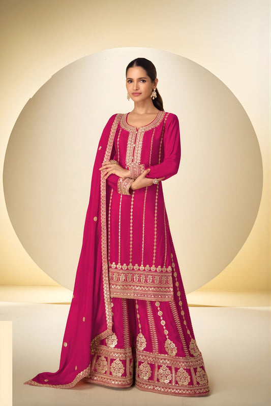 Beautiful Rani Pink Real Chinon Party Wear Palazzo Suit