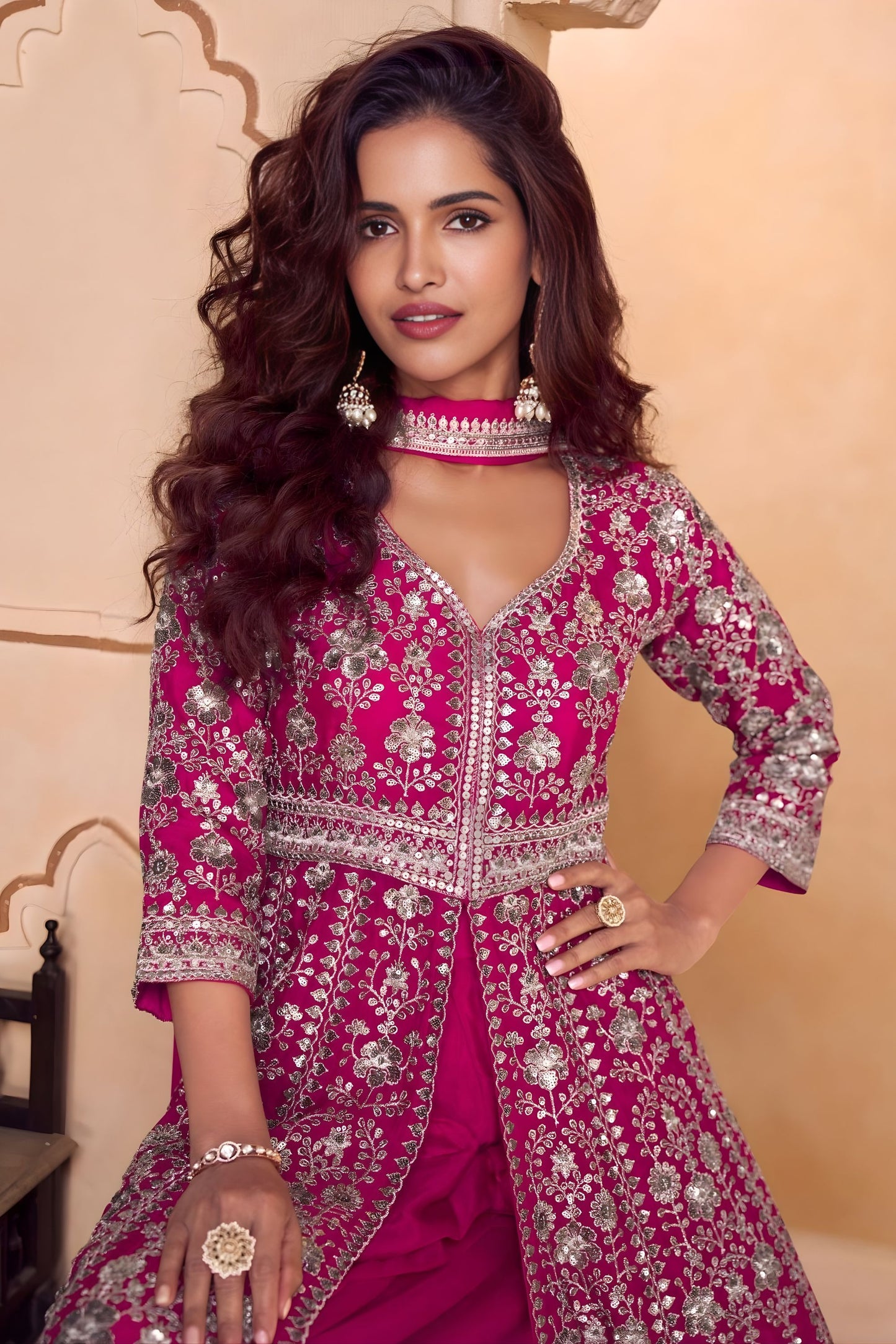 Luxury Rani Pink Heavy Embroidered Chinon Palazzo Suit Dupatta for Women