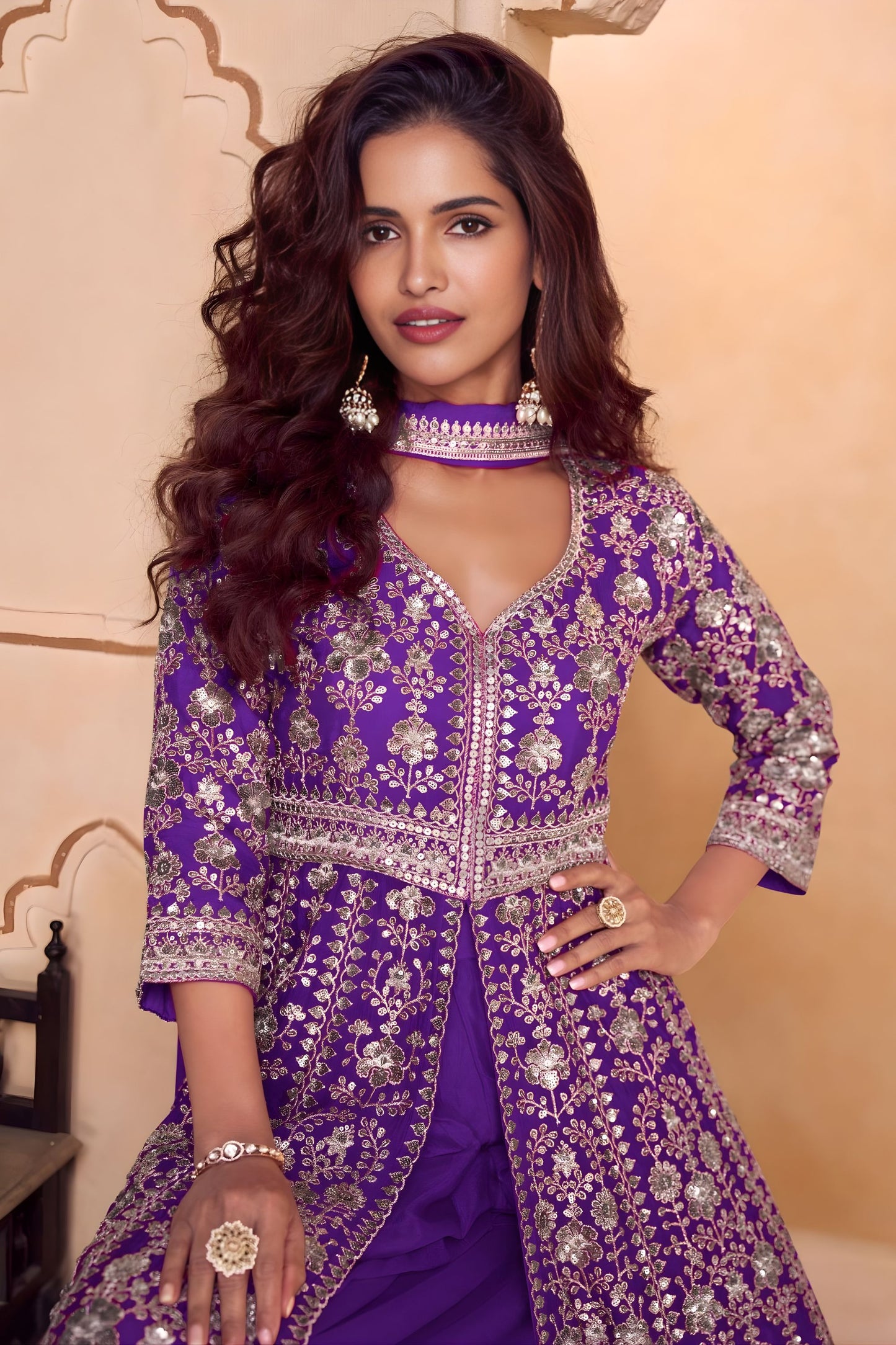 Beautiful Purple Heavy Embroidered Chinon Palazzo Suit Dupatta for Women