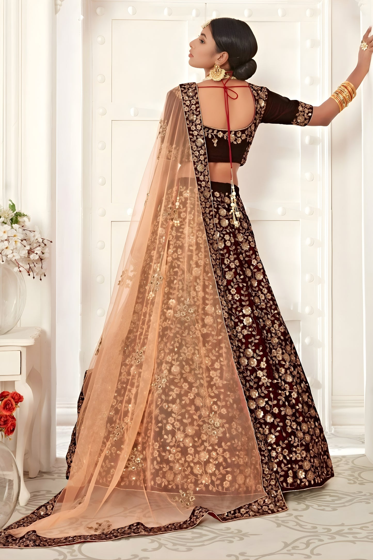 Elegant Maroon Heavy Embroidered Velvet Bridal Lehenga Choli with Soft Net Dupatta