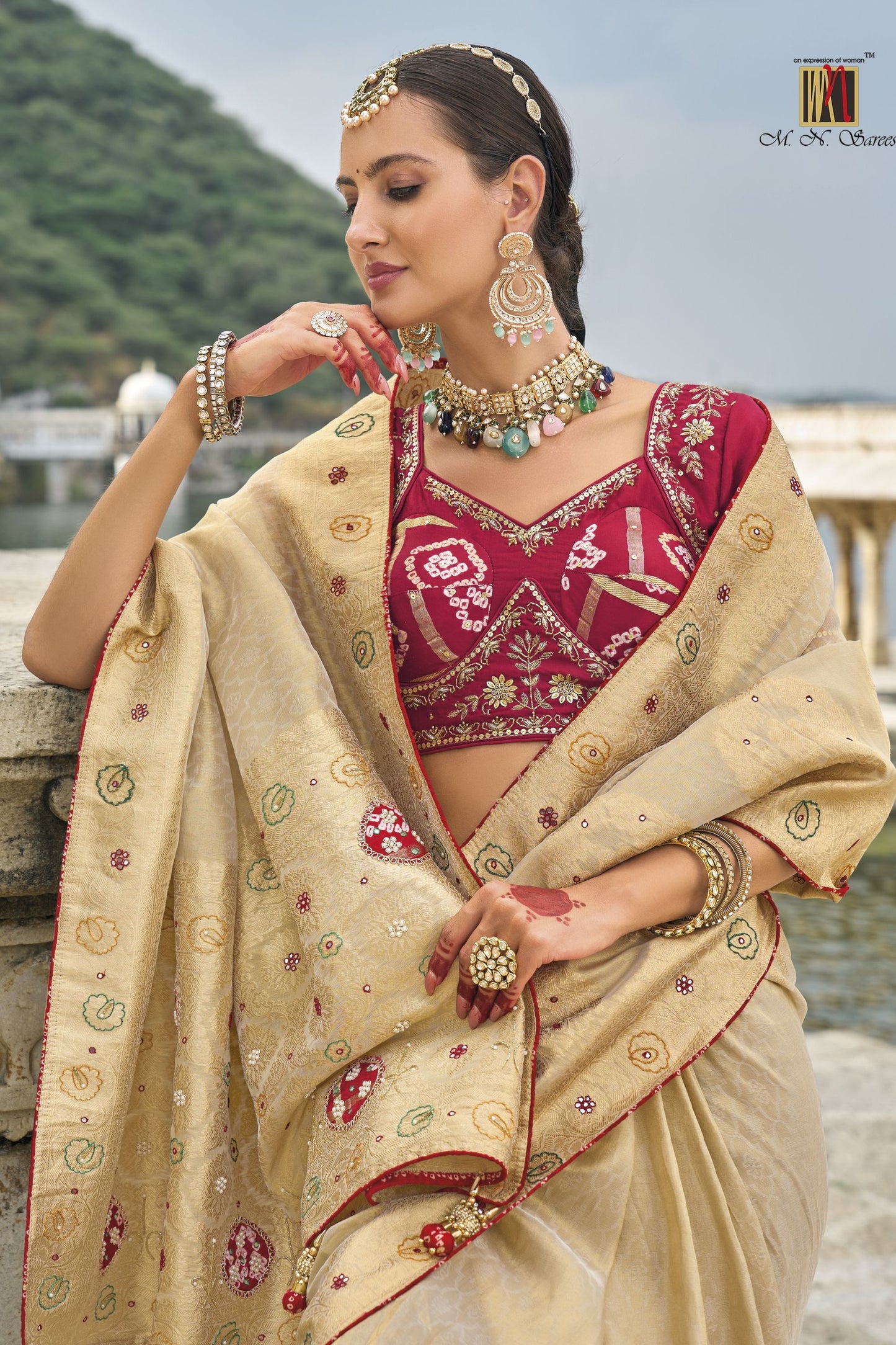 Beige Silk Designer Saree with Ready Blouse Wedding Wear