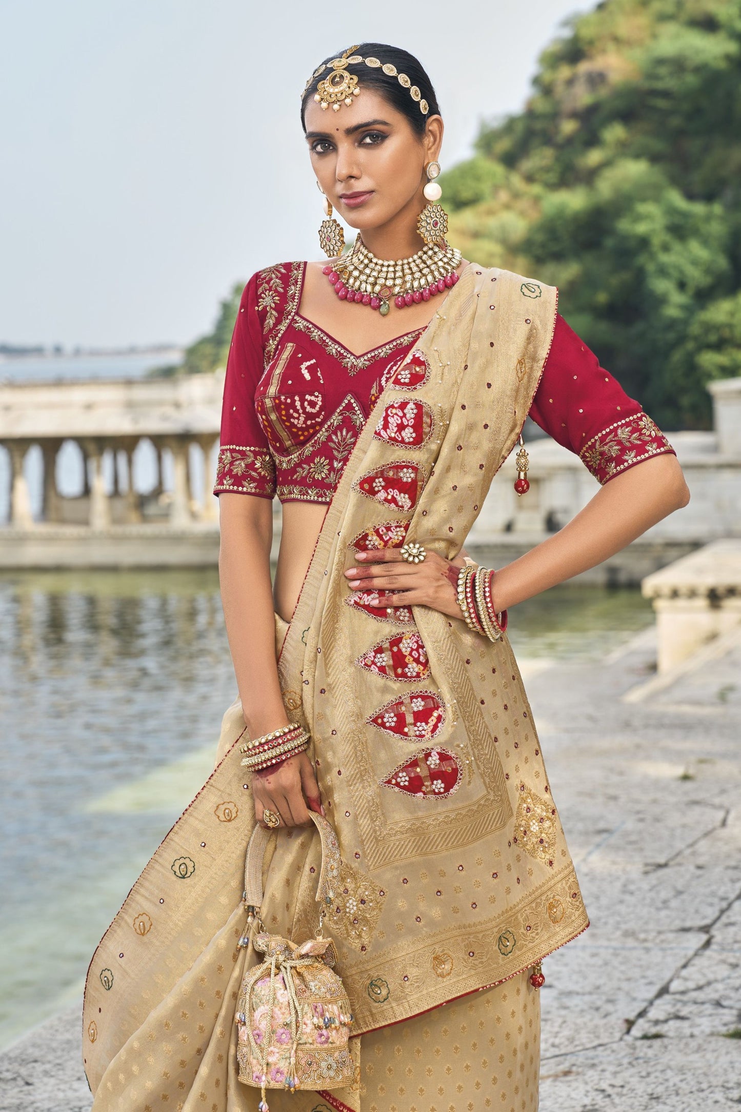 Beige Banarasi Silk Saree with Red Blouse Wedding Wear Saree