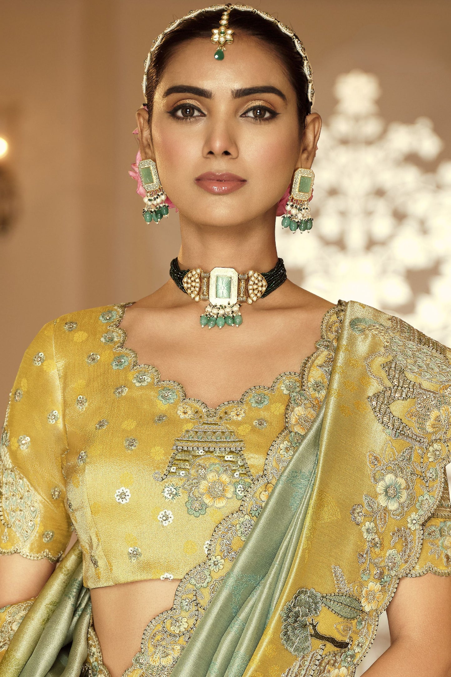 Mustard Yellow Sage Green Silk Blend Designer Saree and Tassel Pallu