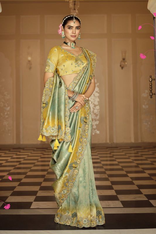 Mustard Yellow Sage Green Silk Blend Designer Saree and Tassel Pallu