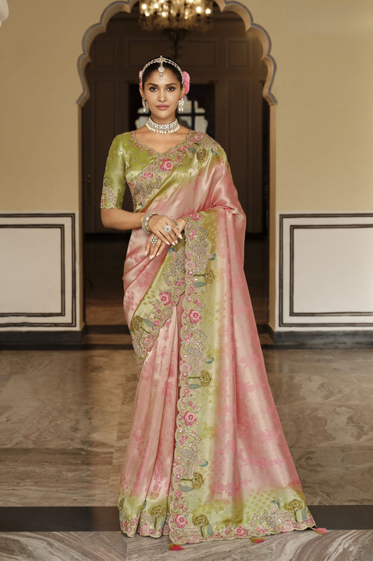 Pink Olive Green Silk Blend Designer Saree Embroidery Border