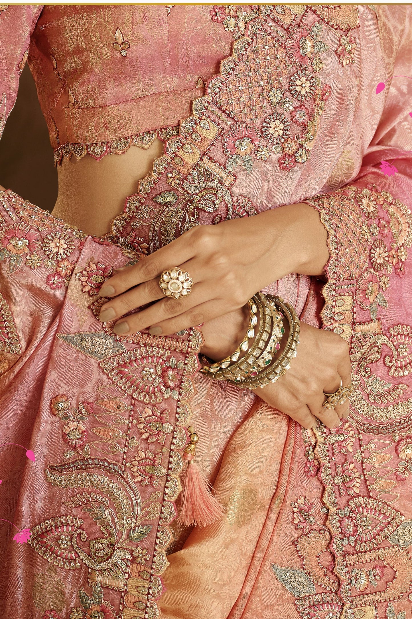 Peach Pink Golden Silk Blend Designer Saree Embroidery Border