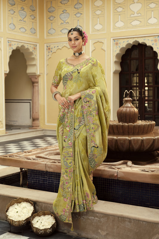 Pistachio Green Silk Blend Designer Saree with Peacock Motif Embroidery Border