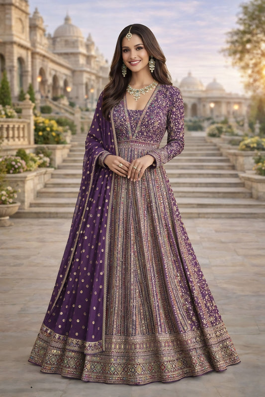 Royal Purple Georgette Embroidered Readymade Wedding Wear Gown with Dupatta