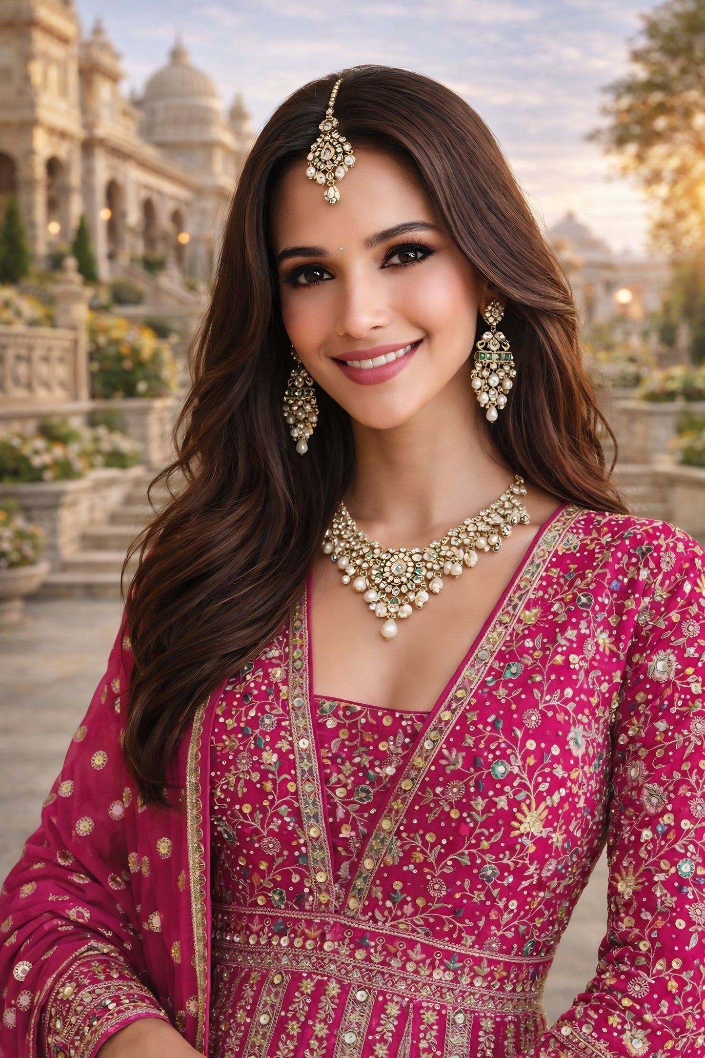 Stylish Rani Pink Georgette Embroidered Readymade Wedding Wear Gown with Dupatta