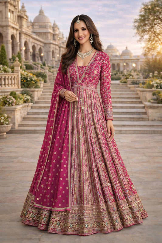 Stylish Rani Pink Georgette Embroidered Readymade Wedding Wear Gown with Dupatta