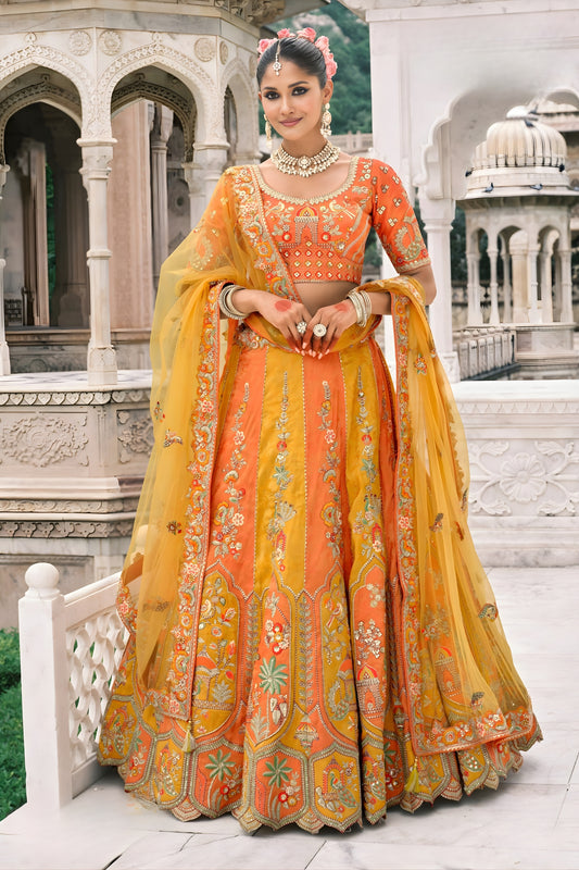 Lovely Orange and Yellow Embroidered Silk Lehenga Choli with Net Dupatta for Wedding