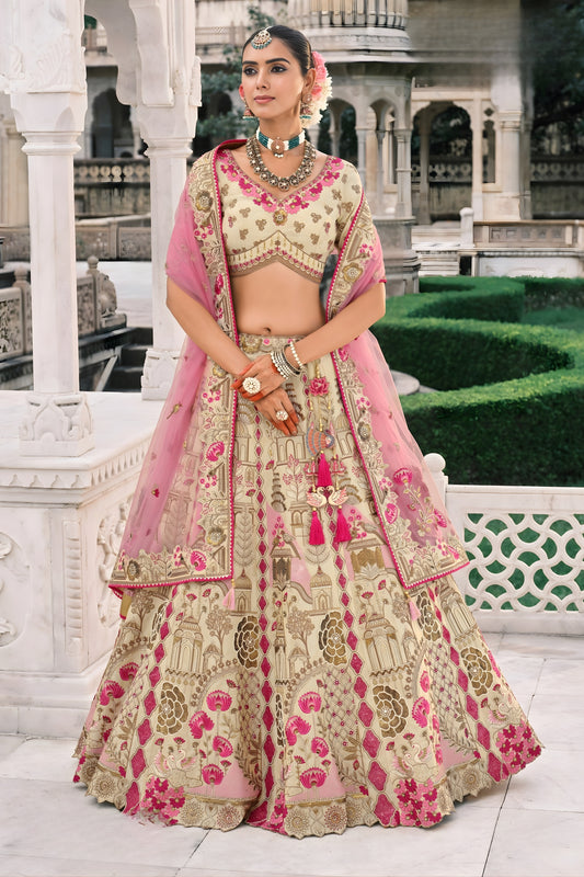 Charming Beige and Pink Embroidered Silk Lehenga Choli with Net Dupatta for Wedding