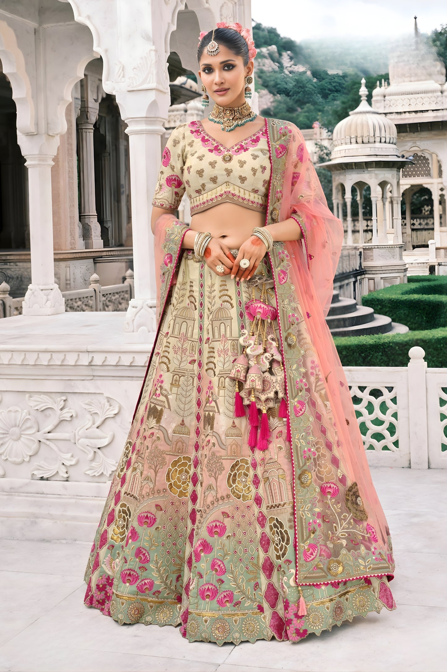Gorgeous Beige and Mint Green Embroidered Silk Lehenga Choli with Pink Net Dupatta for Wedding