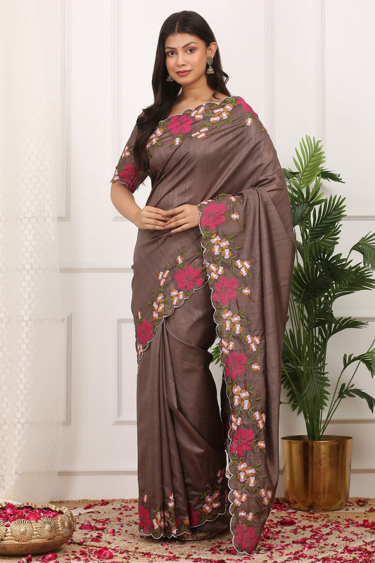 Brown Silk Saree with Floral Embroidery Border Designer Blouse