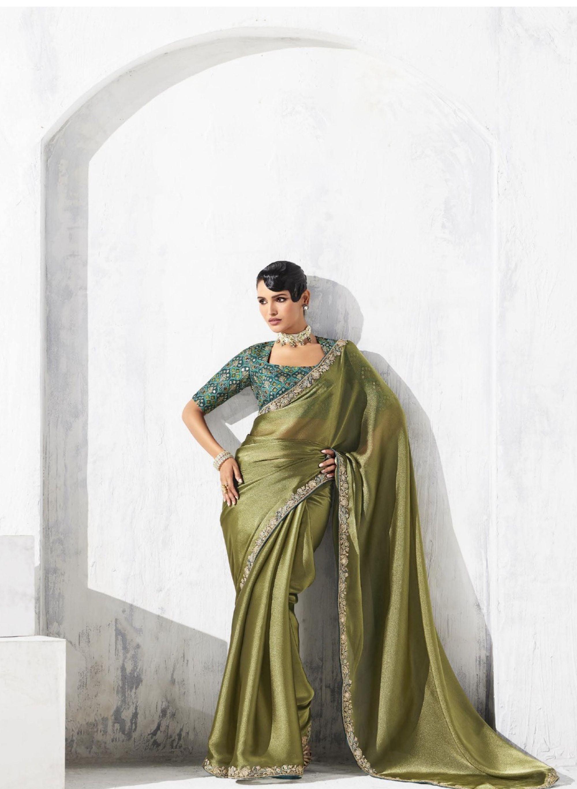 Olive Green Silk Saree with Golden Designer Green Blouse Party Wear