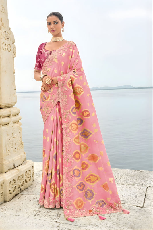 Pink Embroidered Organza Silk Saree with Designer Lace Border