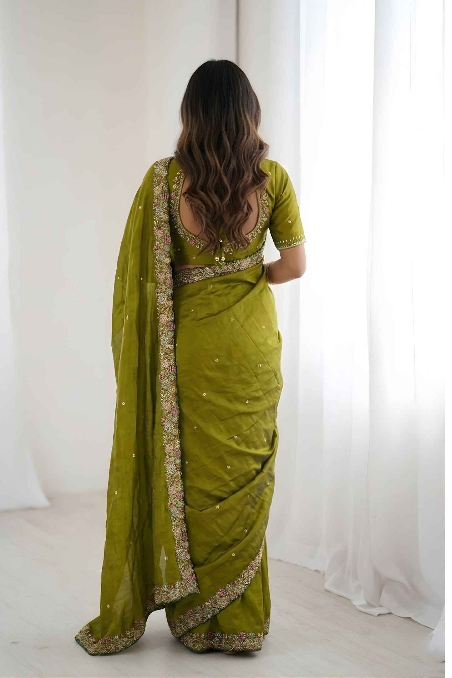 Olive Green Silk Saree Floral Embroidered Border Designer Blouse