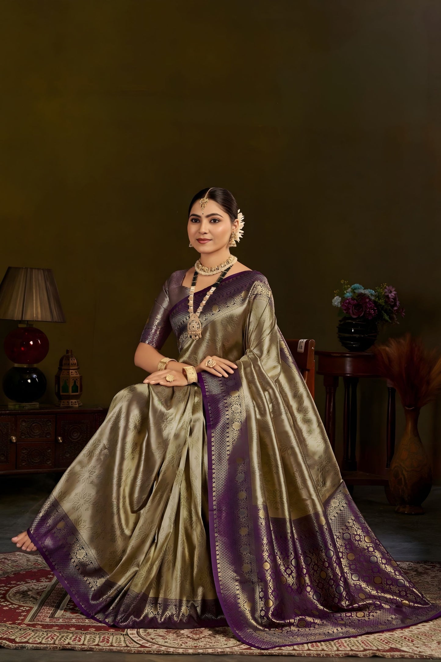 Elegant Gold Purple Kanjivaram Silk Saree Traditional Zari Border