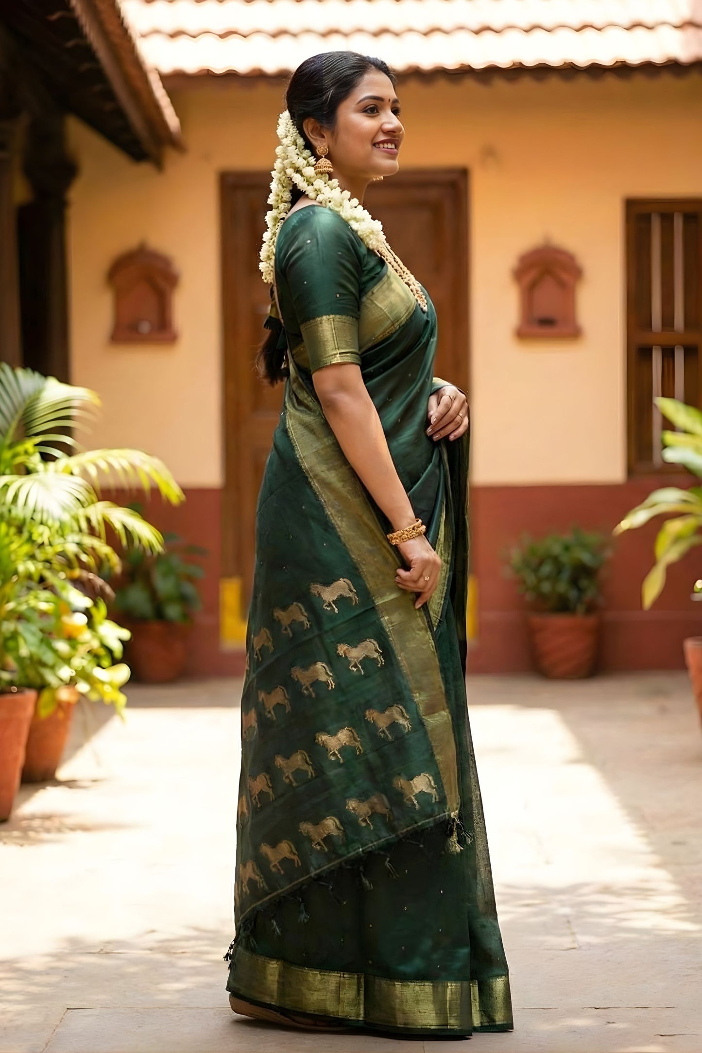 Dark Green Kanjivaram Silk Saree Gold Zari Border Traditional Motif Pallu