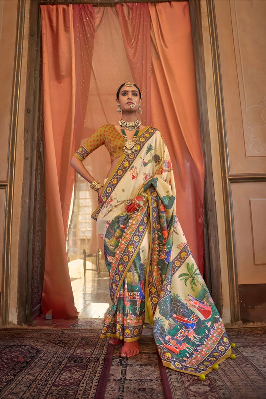 Cream Designer Silk Saree Royal Rajasthani Print Floral Border