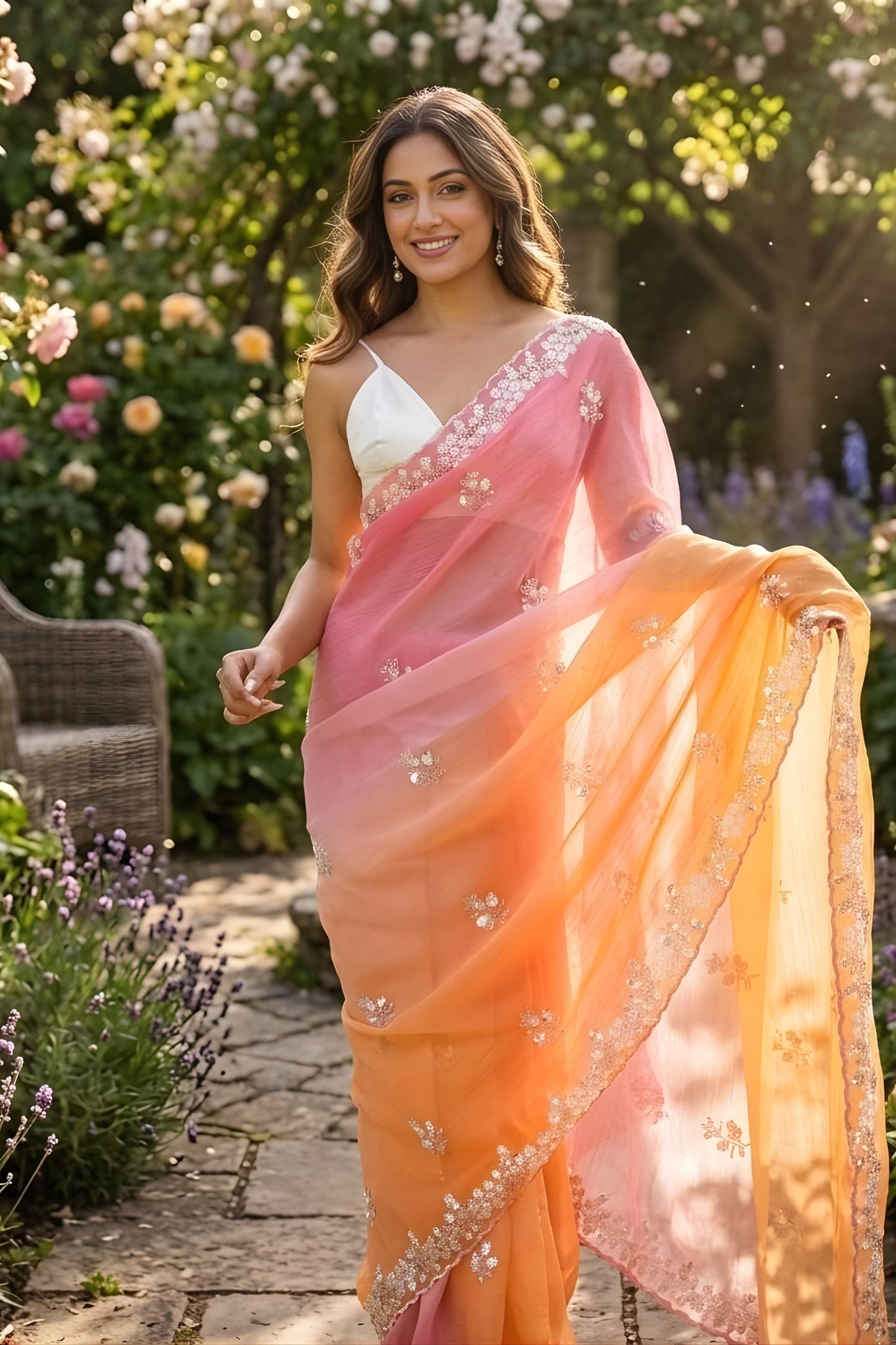Pink Orange Ombre Designer Saree Sequin Embroidered Border