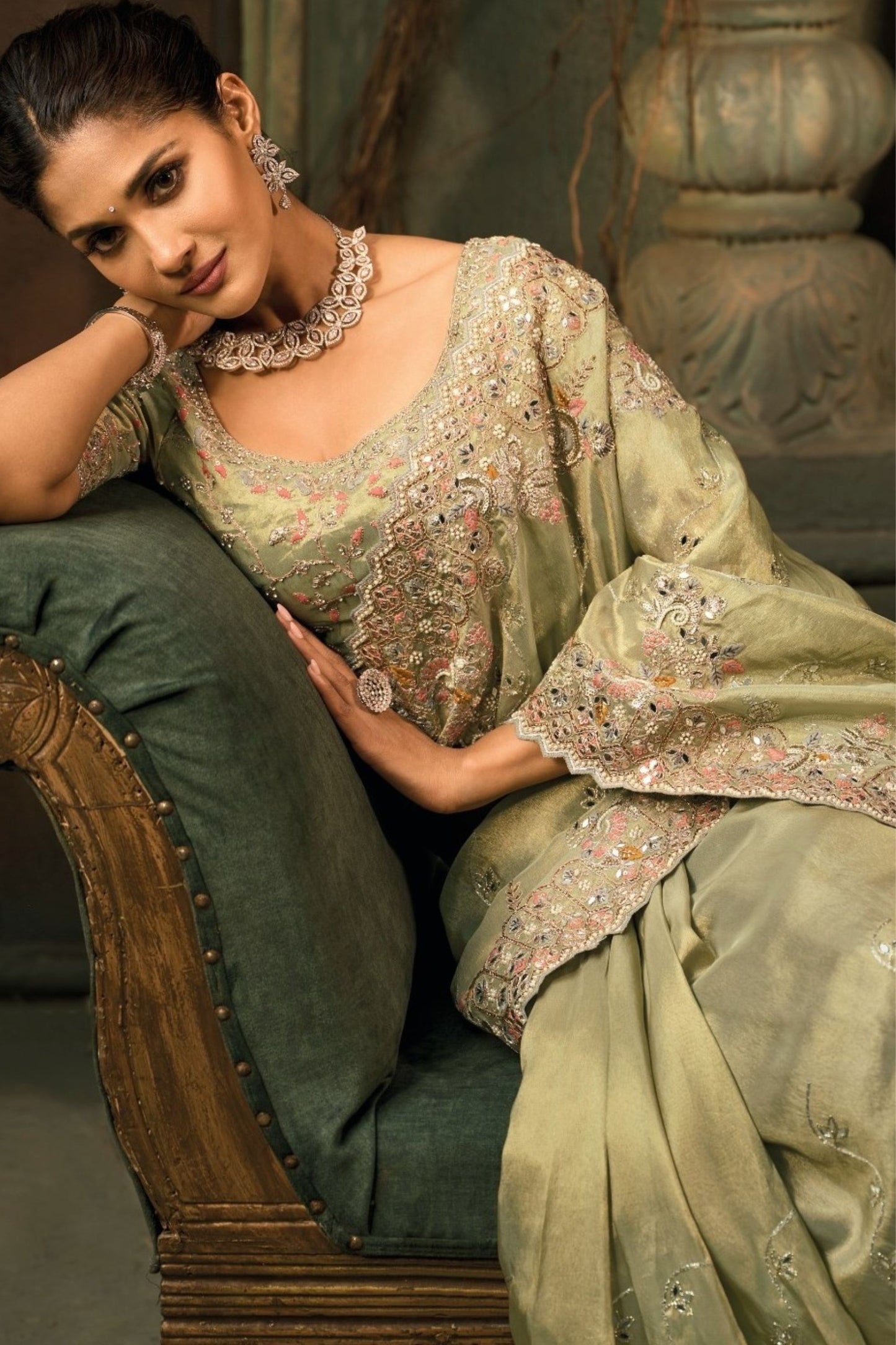 Pista Green Embroidered Silk Saree with Heavy Border Matching Blouse