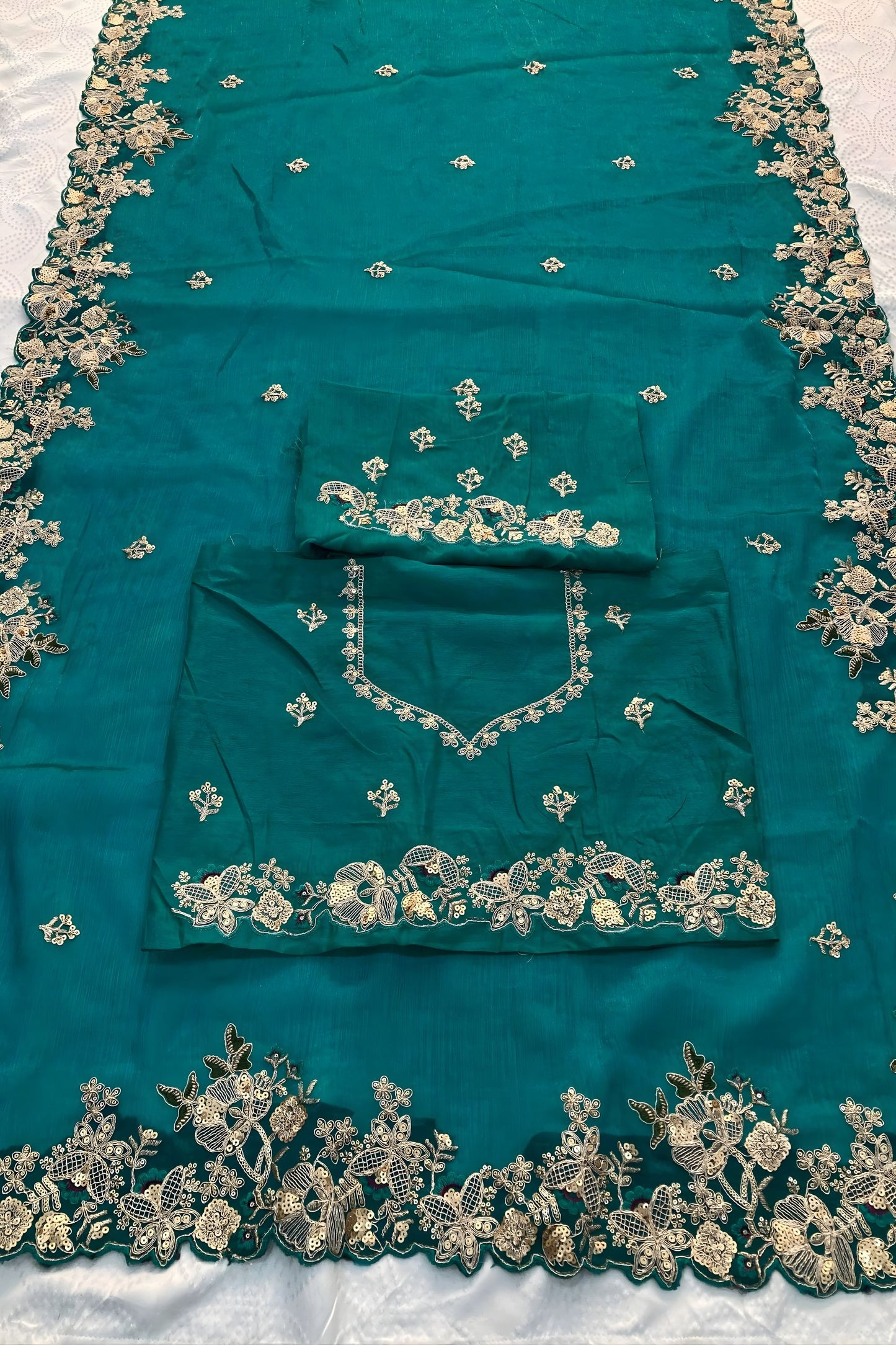 Bottle Green Organza Saree Heavy Floral Zari Embroidery Designer Blouse