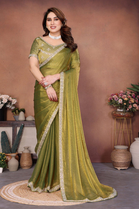 Olive Green Silk Blend Saree with Embroidered Border Designer Blouse
