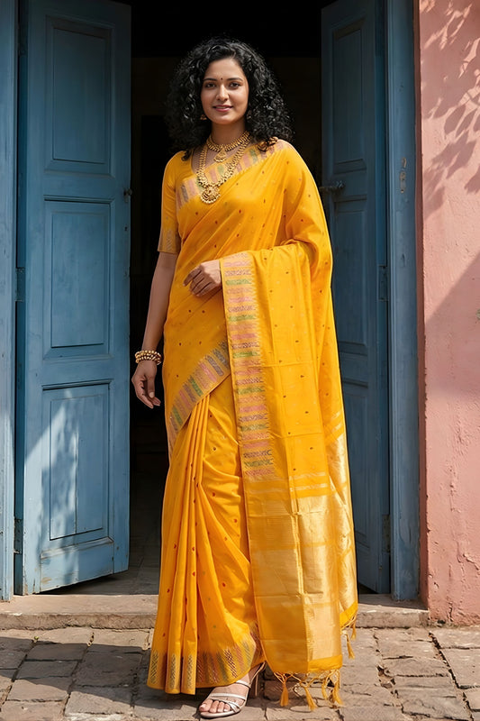 Mustard Yellow Silk Saree with Golden Zari Border Traditional Buti Design