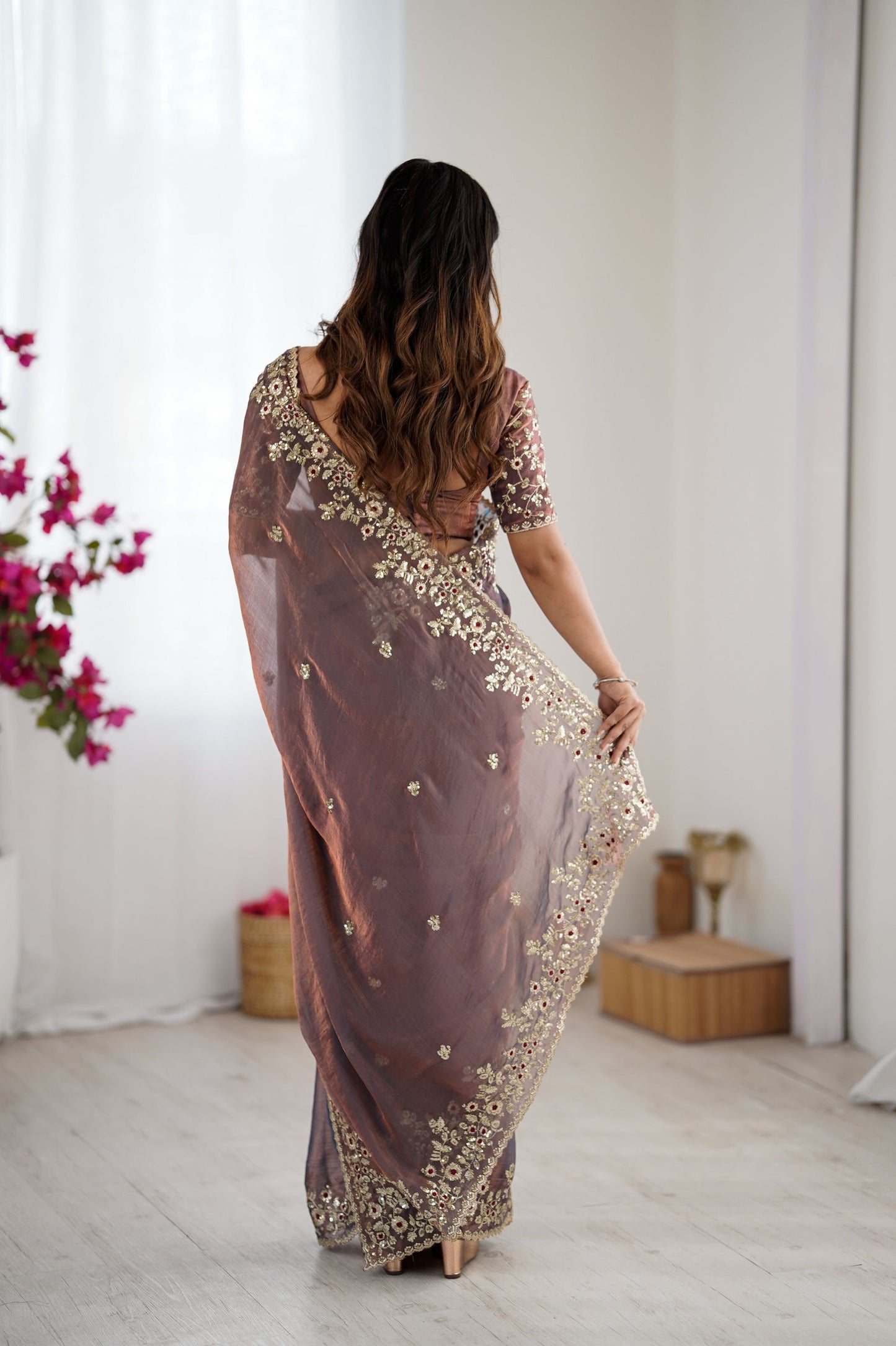 Elegant Mauve Grey Organza Silk Saree with Heavy Designer Blouse