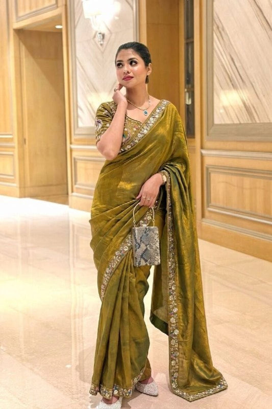Olive Green Organza Silk Saree Sequins Embroidered Border Designer Blouse