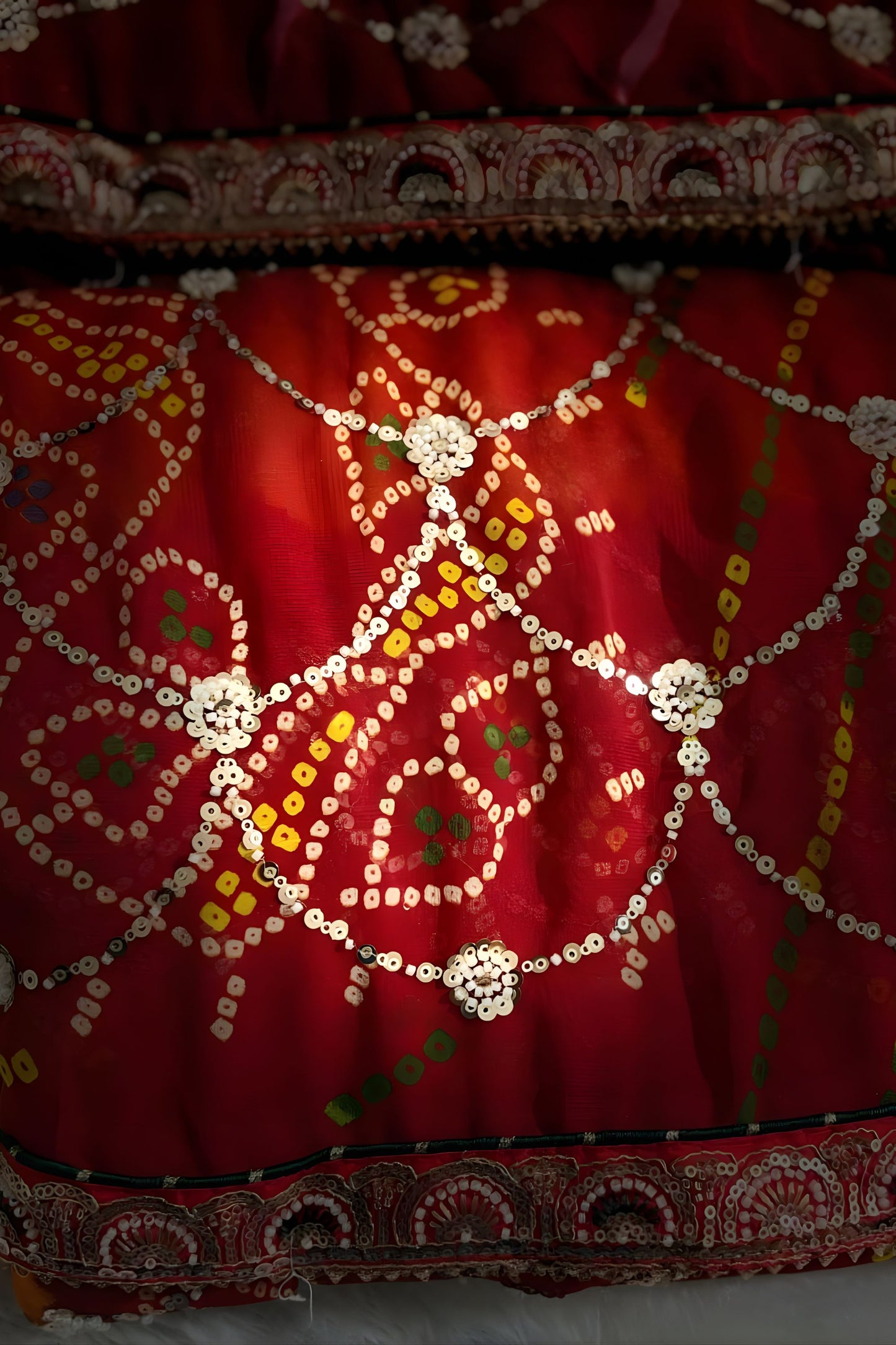 Designer Red Georgette Bandhani Saree Gota Patti Work Embroidered Border